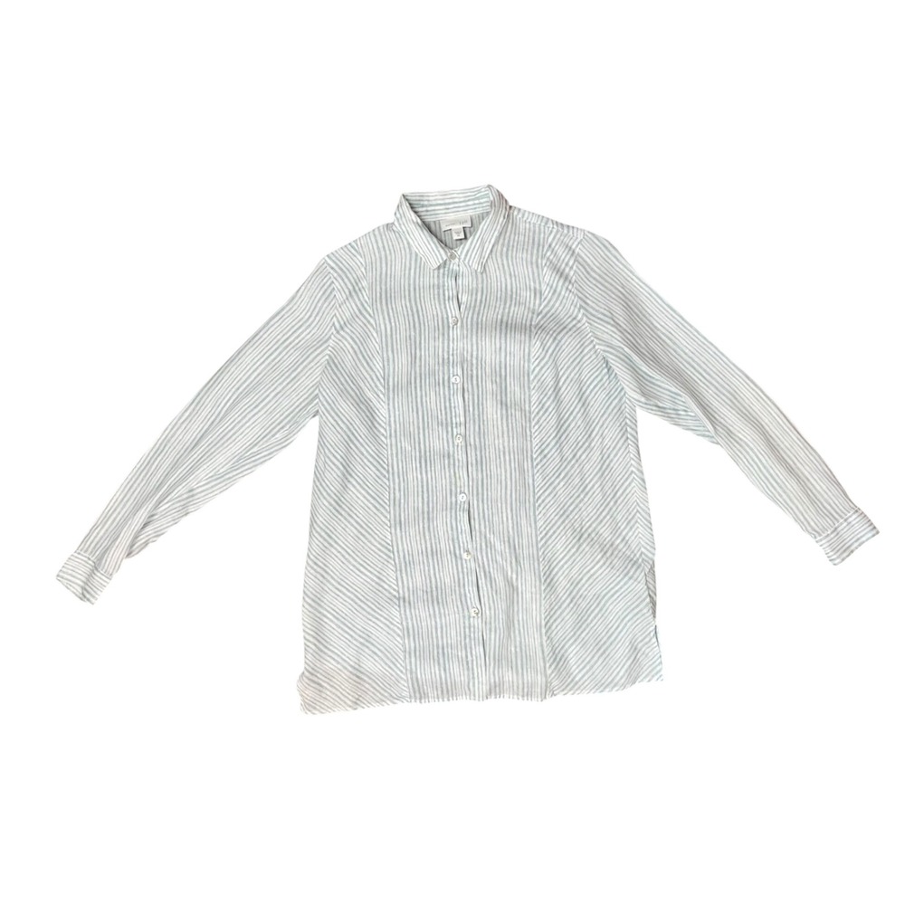 J Jill Love Linen Blue White Striped Button Down Shirt XS Coastal Long Sleeve
